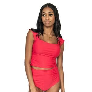 Janela Bay Thick Strap Tankini Top Swim Swimwear Bikini Short Sleeve Neon Melon